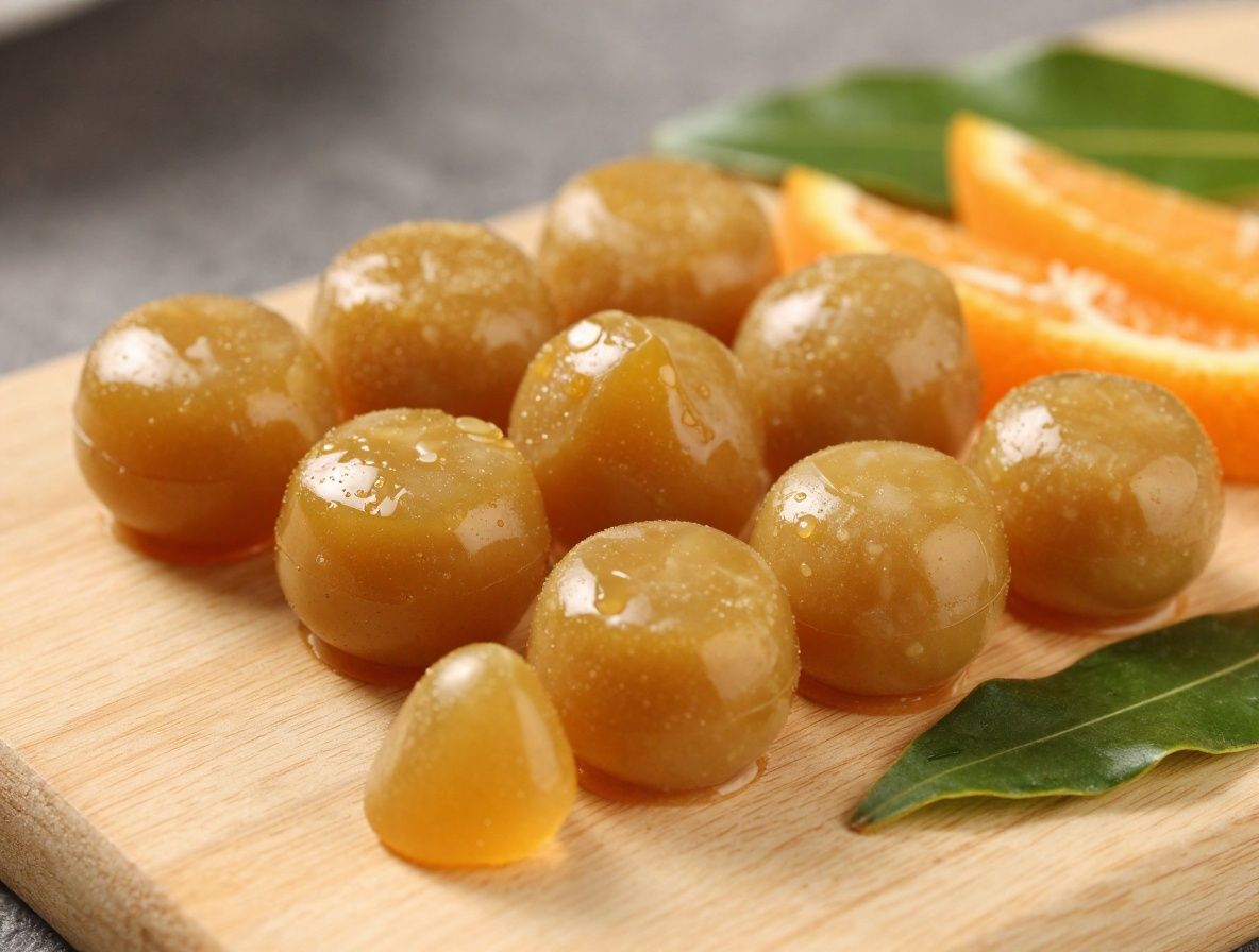 Cápsulas de gelé de color ámbar y dorado dispuestas sobre fondo de madera clara junto a rodajas de naranja y hojas de té verde fresco