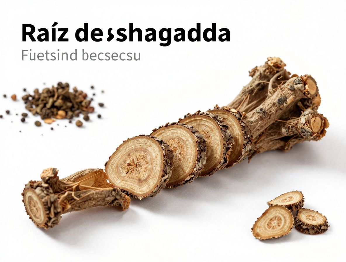 Raíz de ashwagandha seca cortada longitudinalmente mostrando sección interior fibrosa, sobre fondo de papel artesanal con hierbas secas adicionales