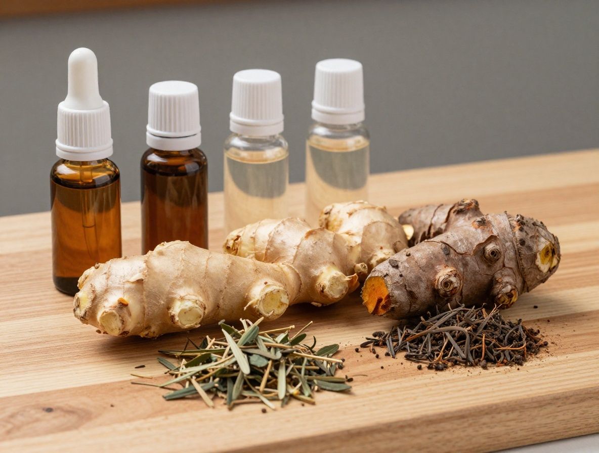 Plantas medicinales secas — equinácea, jengibre y cúrcuma — dispuestas junto a frascos de vidrio en mesa de madera de laboratorio botánico con luz natural tenue