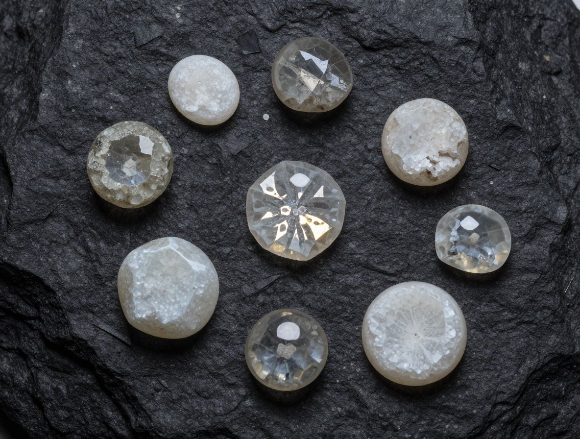Cristales de minerales de cuarzo y calcita en formación natural sobre roca oscura, fotografiados con macro-lente que captura reflexión interna y detalles translúcidos