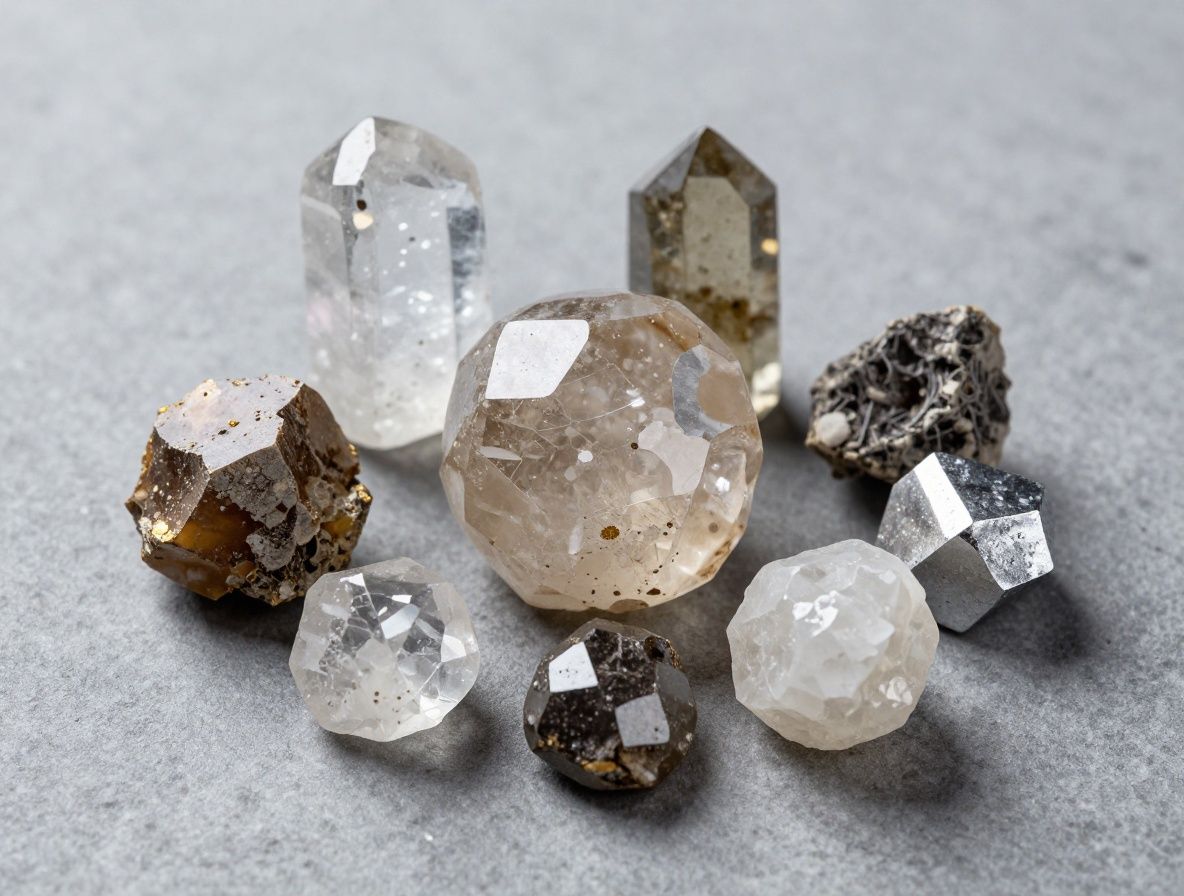 Selección de minerales naturales — cristales de selenio, zinc y magnesio — dispuestos sobre superficie de piedra gris con iluminación lateral de estudio que resalta texturas cristalinas