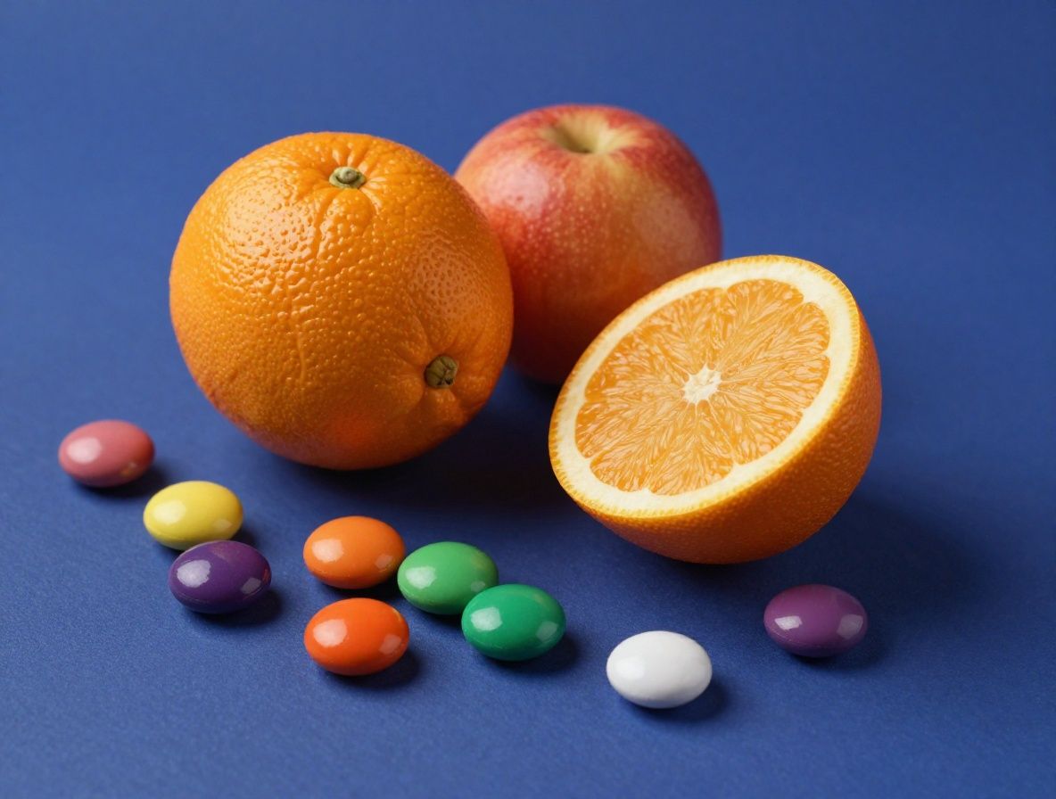 Ilustración científica de una molécula de vitamina C en estructura tridimensional con átomos representados en colores complementarios sobre fondo azul oscuro